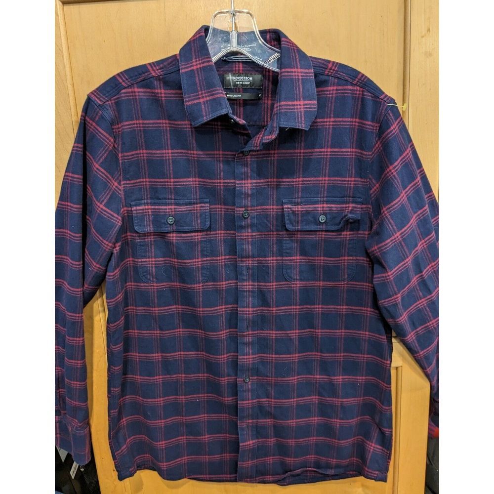 Nordstrom Mens Shop Shirt Medium-Large  Regular‎ Fit Blue Plaid  Flannel